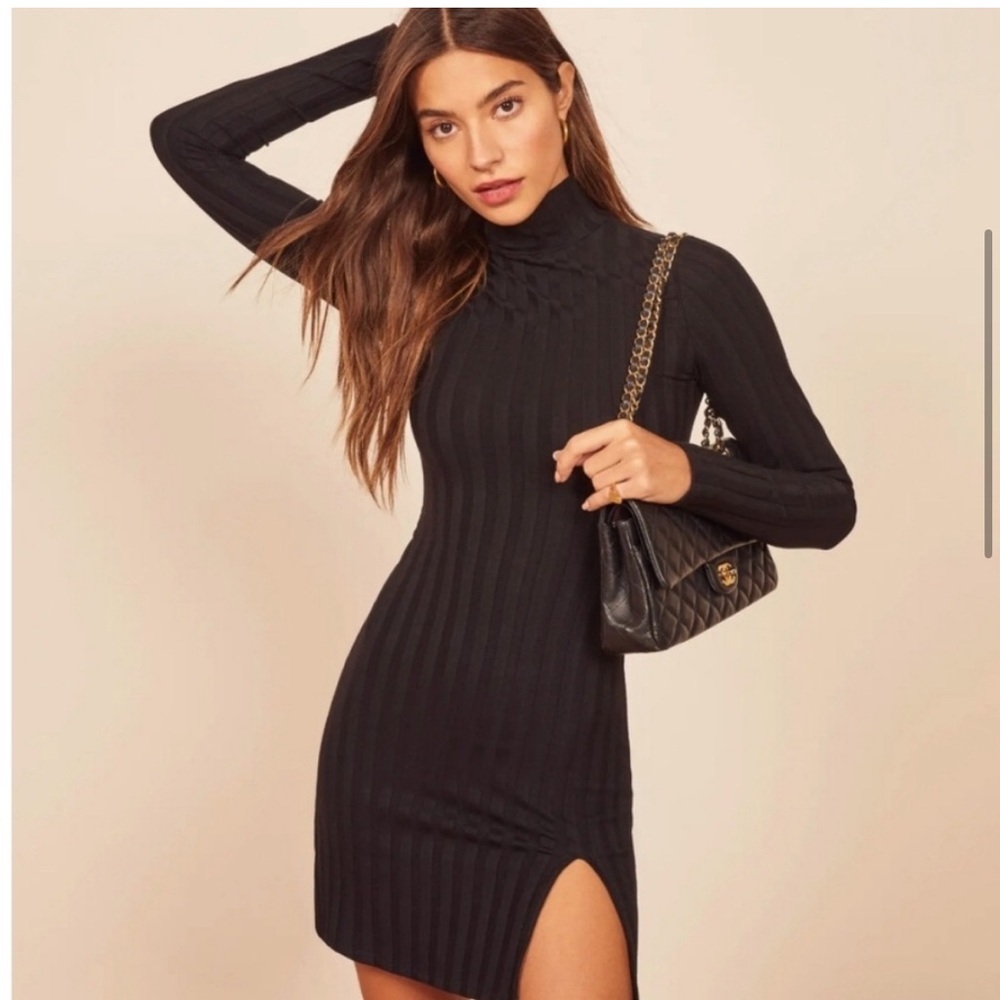 REFORMATION Libra Long Sleeve Rib Mock Neck Minidress Black XS